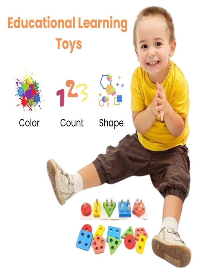 SANTALON Toys for 1 2 3 Year Old Boys Girls Toddlers, Wooden Sorting and Stacking Preschool Educational Toys, Color Recognition Stacker Shape Sorter Puzzles (5 cloumn Block) - Image 4